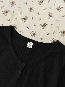 Teen Girl Summer New Slim Fit Versatile Black Ribbed Knit Round Neck Button Short Sleeve Top - Black - View 8