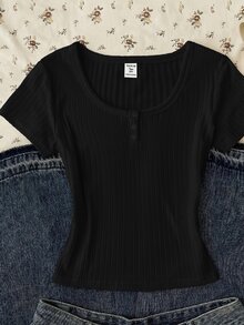 Teen Girl Summer New Slim Fit Versatile Black Ribbed Knit Round Neck Button Short Sleeve Top - Black - View 3