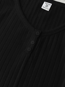 Teen Girl Summer New Slim Fit Versatile Black Ribbed Knit Round Neck Button Short Sleeve Top - Black - View 5