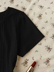 Teen Girl Summer New Slim Fit Versatile Black Ribbed Knit Round Neck Button Short Sleeve Top - Black - View 6