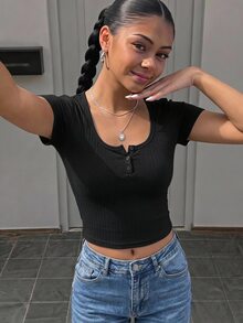 Teen Girl Summer New Slim Fit Versatile Black Ribbed Knit Round Neck Button Short Sleeve Top - Black - View 9