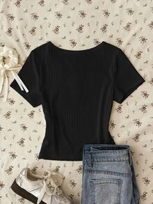 Teen Girl Summer New Slim Fit Versatile Black Ribbed Knit Round Neck Button Short Sleeve Top - Black - View 4
