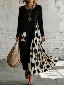 Yunfilé Đầm thu cổ tròn phong cách thường ngày phối patchwork, có túi và họa tiết chấm bi - màu đen - Xem 7
