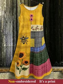 EMERY ROSE Plus Size Simple Boho Casual Elegant Versatile Sunflower Print Sleeveless Dress For Women Vacation Soft Yellow Summer - Multicolor - View 3