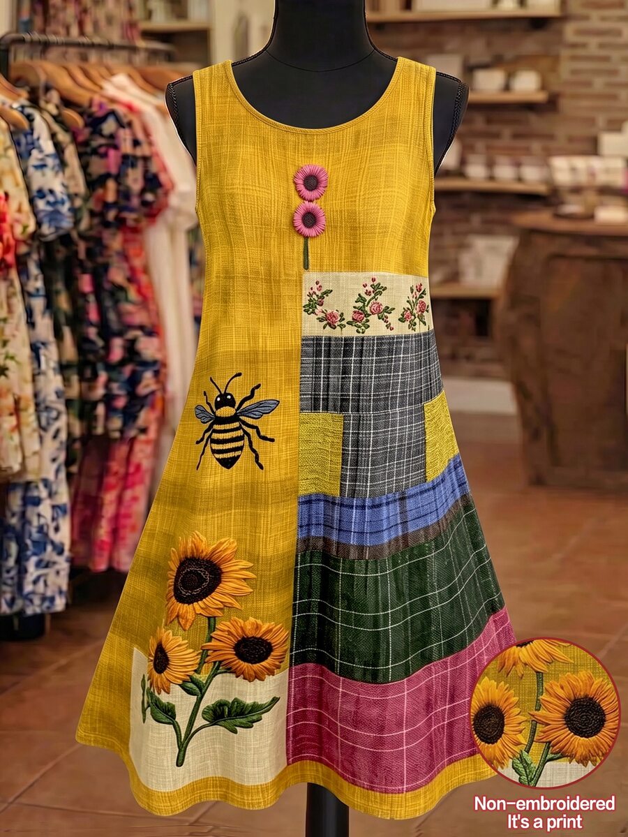 EMERY ROSE Plus Size Simple Boho Casual Elegant Versatile Sunflower Print Sleeveless Dress For Women Vacation Soft Yellow Summer - Multicolor - View 1