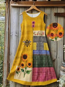 EMERY ROSE Plus Size Simple Boho Casual Elegant Versatile Sunflower Print Sleeveless Dress For Women Vacation Soft Yellow Summer - Multicolor - View 5