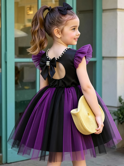 SHEIN Glamorique Kids Girls' Princess Dress, Cute Princess Party Dress With Round Neck, Pearl, Back Hollow Butterfly Beaded Waist And Tulle Hem, Fashionable Dress Suitable For Party, Birthday Party, Halloween