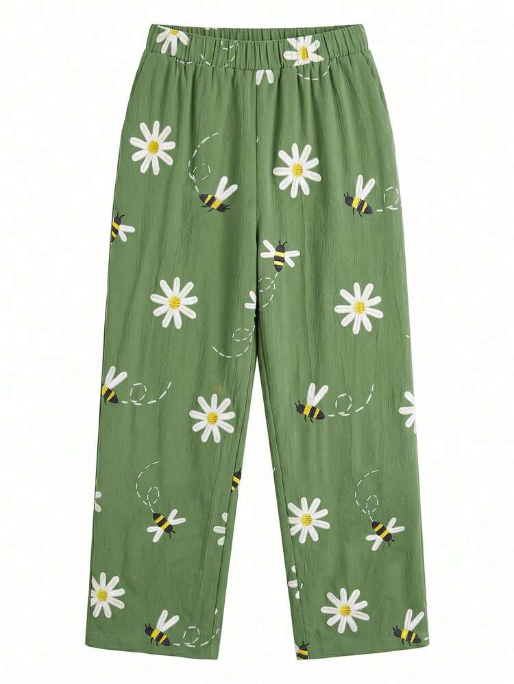 SHEIN Plus Size Women's Casual Vacation Daisy & Bee Print Elastic Waist Skinny Pants, Suitable For Spring, Summer And Autumn Fall - Green - View 6