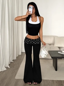 SHEIN PETITE بنطلون منقوش بنقاط البولكا مع تصميم رقعات خصر منخفض وساق واسعة - الأسود - مشاهدة 10
