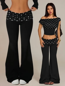SHEIN PETITE بنطلون منقوش بنقاط البولكا مع تصميم رقعات خصر منخفض وساق واسعة - الأسود - مشاهدة 5
