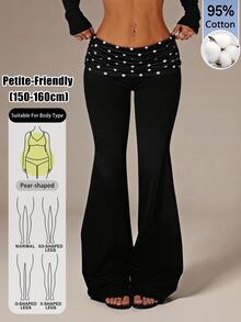SHEIN PETITE بنطلون منقوش بنقاط البولكا مع تصميم رقعات خصر منخفض وساق واسعة - الأسود - مشاهدة 2