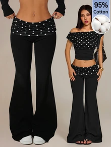 SHEIN PETITE بنطلون منقوش بنقاط البولكا مع تصميم رقعات خصر منخفض وساق واسعة - الأسود - مشاهدة 13