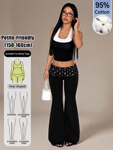 SHEIN PETITE بنطلون منقوش بنقاط البولكا مع تصميم رقعات خصر منخفض وساق واسعة - الأسود - مشاهدة 7
