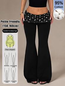 SHEIN PETITE بنطلون منقوش بنقاط البولكا مع تصميم رقعات خصر منخفض وساق واسعة - الأسود - مشاهدة 4