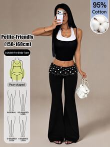 SHEIN PETITE بنطلون منقوش بنقاط البولكا مع تصميم رقعات خصر منخفض وساق واسعة - الأسود - مشاهدة 6