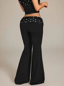 SHEIN PETITE بنطلون منقوش بنقاط البولكا مع تصميم رقعات خصر منخفض وساق واسعة - الأسود - مشاهدة 3