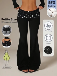 SHEIN PETITE بنطلون منقوش بنقاط البولكا مع تصميم رقعات خصر منخفض وساق واسعة - الأسود - مشاهدة 12