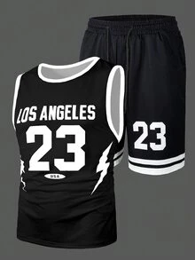 Manfinity Roughcore Men's Summer Casual Letter & Number Print Round Neck Tank Top And Shorts Set, Holiday - Black - View 4