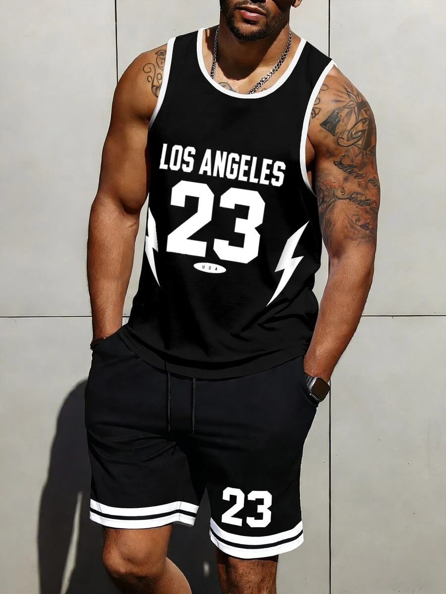 Manfinity Roughcore Men's Summer Casual Letter & Number Print Round Neck Tank Top And Shorts Set, Holiday - Black - View 1