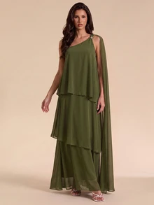 Bluhae Fashionable New Sexy Vacation Metal Buckle Decor Asymmetrical Shoulder Neckline Three-Layer Ruffle Hem Women's Long Dress - Green - View 4