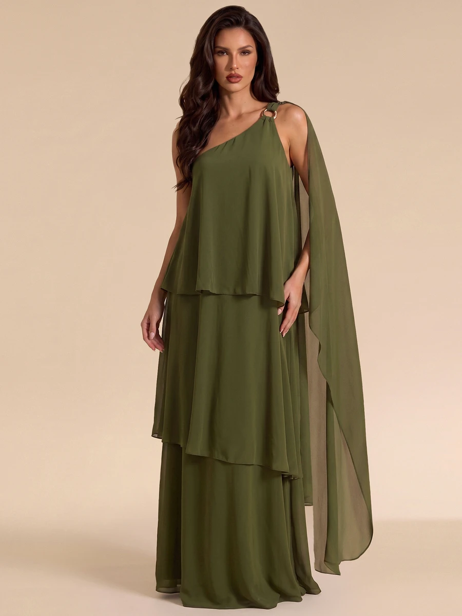 Bluhae Fashionable New Sexy Vacation Metal Buckle Decor Asymmetrical Shoulder Neckline Three-Layer Ruffle Hem Women's Long Dress - Green - View 1