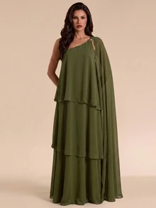 Bluhae Fashionable New Sexy Vacation Metal Buckle Decor Asymmetrical Shoulder Neckline Three-Layer Ruffle Hem Women's Long Dress - Green - View 3