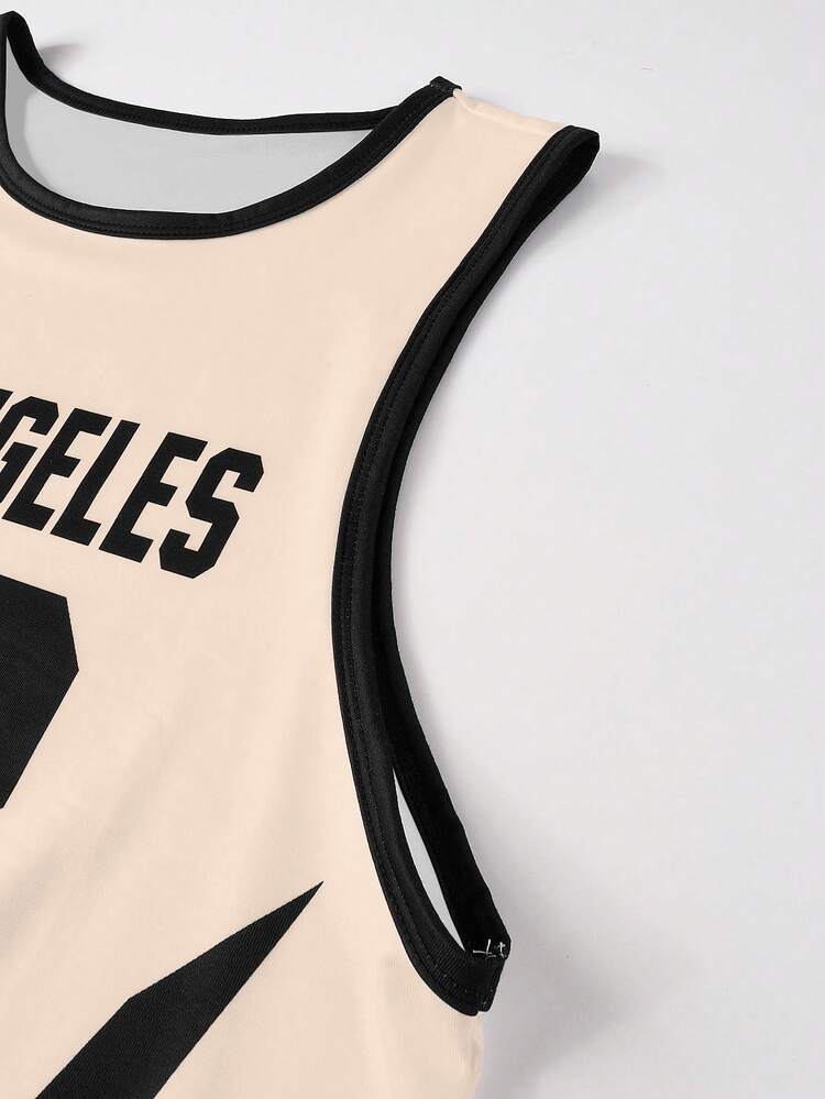Manfinity Roughcore Men's Summer Casual Letter & Number Print Round Neck Tank Top And Shorts Set, Holiday - Apricot - View 6