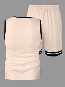 Manfinity Roughcore Men's Summer Casual Letter & Number Print Round Neck Tank Top And Shorts Set, Holiday - Apricot - View 2