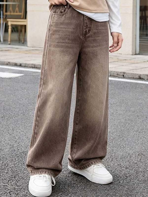 SHEIN Sparklyn Erkek Çocuk Vintage Temel Günlük Kolej Tarzı Bol Düz Paça Denim Kot Pantolon