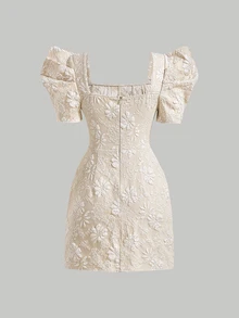 SHEIN MOD Jacquard Square Neck Puff Sleeve Dress,Summer Dresses For Women - Beige - View 2