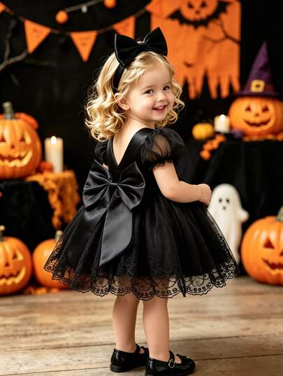 SHEIN Glamorique Kids Baby Girl Black Embroidered Puff Sleeve Dress Birthday Party Wedding Tulle Princess Summer Warm Outfit Holiday Casual Classy Elegant