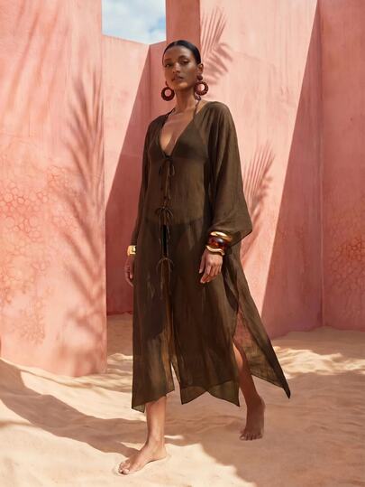 Zivah 2026 Spring/Summer Women's Casual Beach Chiffon Long Kimono-Style Cover Up, Brown