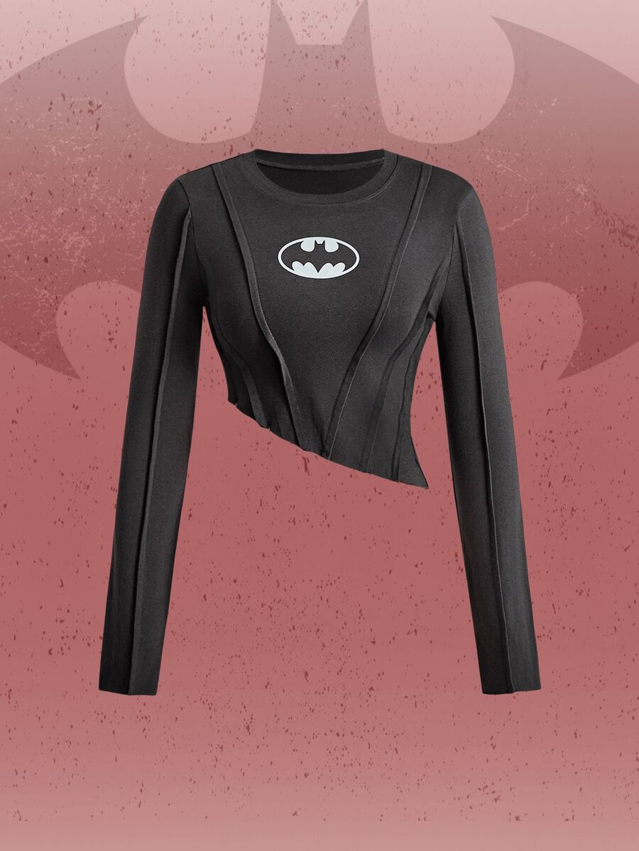 Batman X ROMWE IP Co-Branded Asymmetrical Hem Long Sleeve Silver Foil Print Women's T-Shirt - Dark Grey - View 1