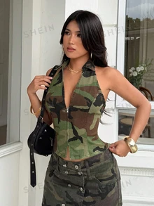 Rivivi 女款迷彩圖案前拉鍊時尚牛仔掛脖上衣 - 軍綠色 - 查看 7