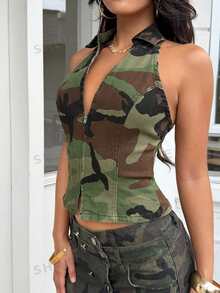 Rivivi 女款迷彩圖案前拉鍊時尚牛仔掛脖上衣 - 軍綠色 - 查看 8