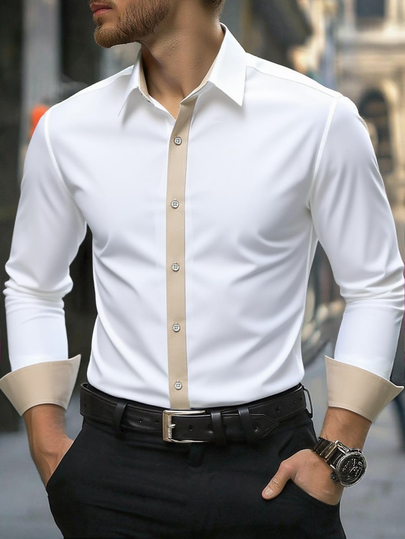 Manfinity Mode Men's Long Sleeve Formal Shirt With Patchwork Edge Design, Baggy Short Button Up Color Block Shirt, Boyfriend Gift, For Fall Ceremony