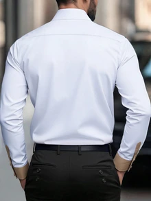 Calvornis قميص رسمي طويل الأكمام للرجال بتصميم حافة مرقعة، قميص قصير فضفاض بأزرار وألوان متباينة، هدية للصديق، للحفلات الخريفية - أبيض - مشاهدة 2