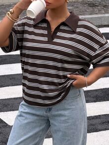 Muchica 夏季休閒 1920 年代復古 70 年代 80 年代傳統棕色短袖大尺碼 T 恤 返校季 正式休假 早午餐 辦公室派對 - 棕色 - 查看 1