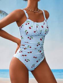 Swim Mod Women's Plaid Cherry Print Ruffle One-Piece Swimsuit,Cute Blue And White Tummy Control Bathing Suits For Summer Beach Party Holiday Full Coverage - Baby Blue - View 2