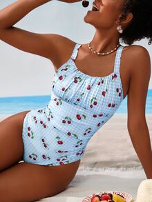 Swim Mod Women's Plaid Cherry Print Ruffle One-Piece Swimsuit,Cute Blue And White Tummy Control Bathing Suits For Summer Beach Party Holiday Full Coverage - Baby Blue - View 4