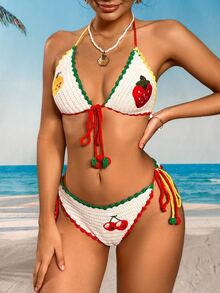 Swim Mod 2pcs/Set Women Embroidered Cute Strawberry, Lemon, Cherry Contrast Color Cover Up, Crochet, Casual, Suitable For Spring, Summer, Beach, Party - Beige - View 1