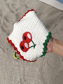 Swim Mod 2pcs/Set Women Embroidered Cute Strawberry, Lemon, Cherry Contrast Color Cover Up, Crochet, Casual, Suitable For Spring, Summer, Beach, Party - Beige - View 6
