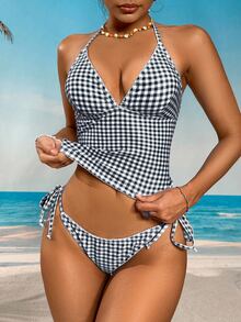 Swim Mod Sweet 70s Retro 70s Retro Cherry Plaid Bikini Set Holiday Holiday Party Beach Vacation All White Summer - Black - View 3