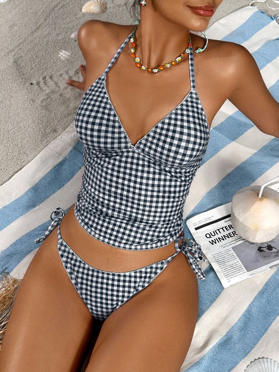 Swim Mod Sweet 70s Retro 70s Retro Cherry Plaid Bikini Set Holiday Holiday Party Beach Vacation All White Summer - Black - View 1