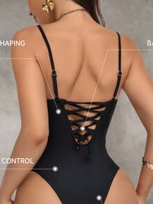 Shapewave Women's Mesh Patchwork Drawstring Tummy Control Pushup One-Piece Swimsuit, Black Mesh Round Neck - Black - View 3