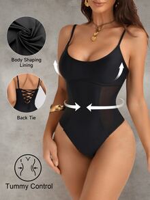 Shapewave Women's Mesh Patchwork Drawstring Tummy Control Pushup One-Piece Swimsuit, Black Mesh Round Neck - Black - View 2
