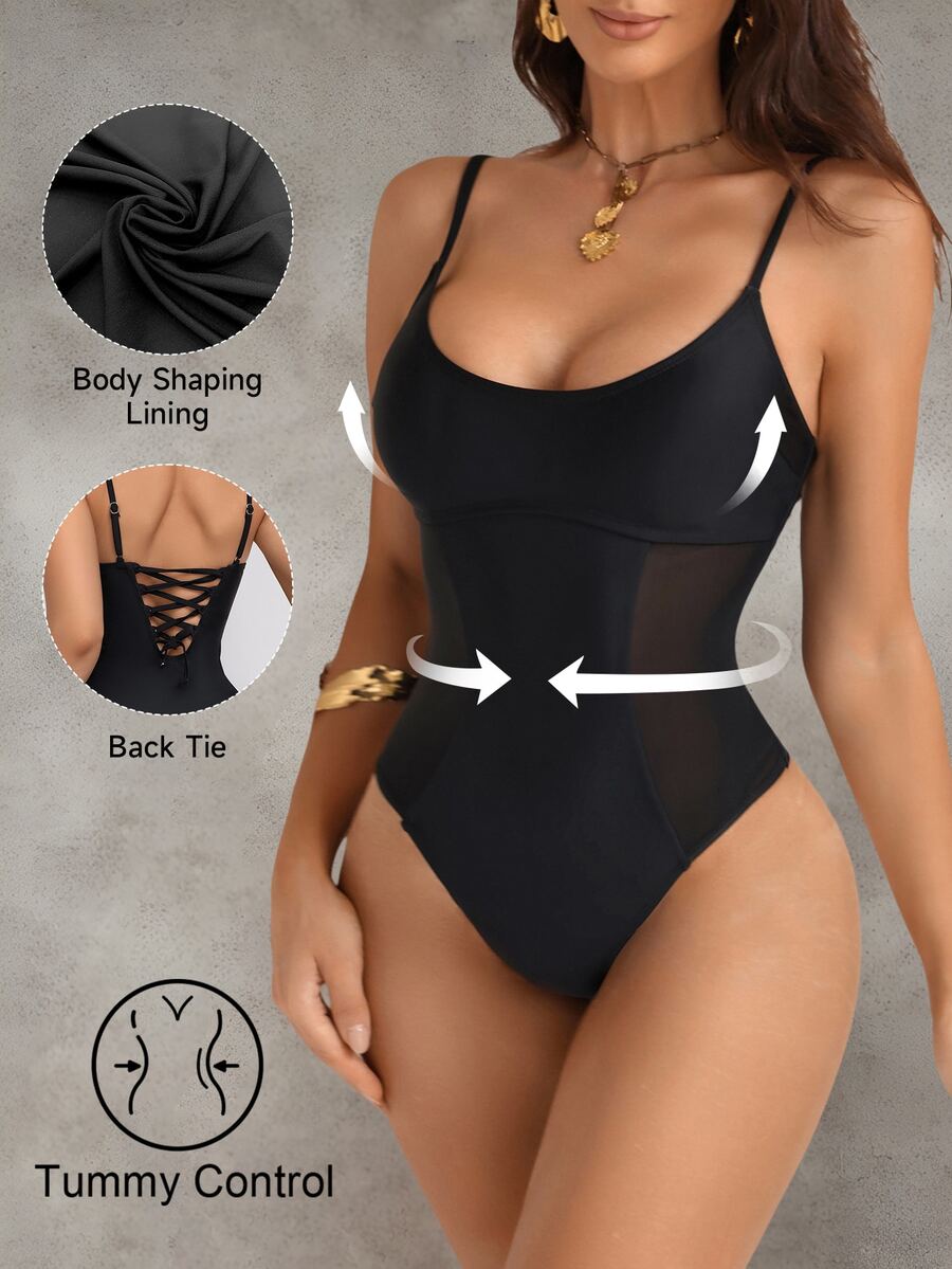 Shapewave Women's Mesh Patchwork Drawstring Tummy Control Pushup One-Piece Swimsuit, Black Mesh Round Neck