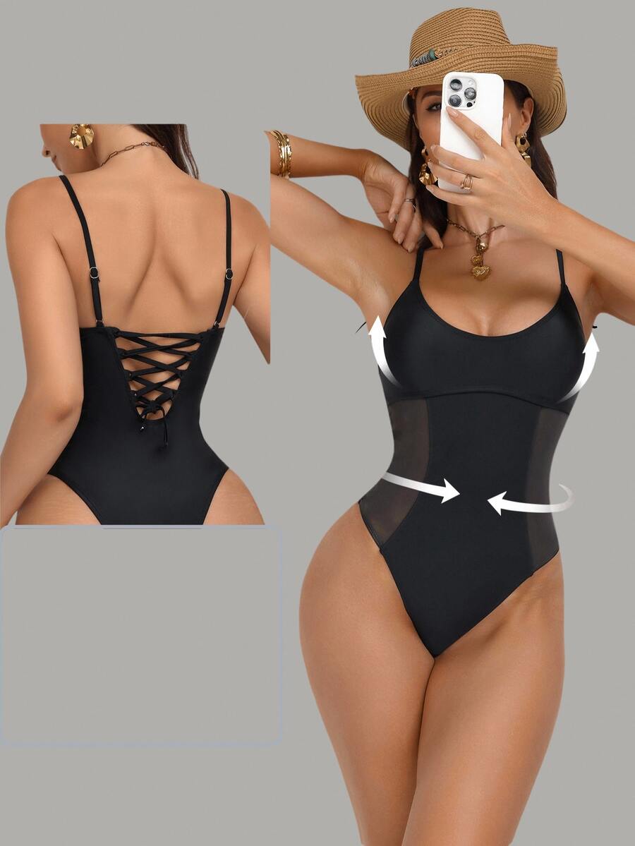 Shapewave Women's Mesh Patchwork Drawstring Tummy Control Pushup One-Piece Swimsuit, Black Mesh Round Neck
