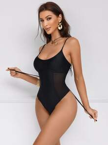 Shapewave Women's Mesh Patchwork Drawstring Tummy Control Pushup One-Piece Swimsuit, Black Mesh Round Neck - Black - View 8