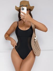 Shapewave Women's Mesh Patchwork Drawstring Tummy Control Pushup One-Piece Swimsuit, Black Mesh Round Neck - Black - View 5